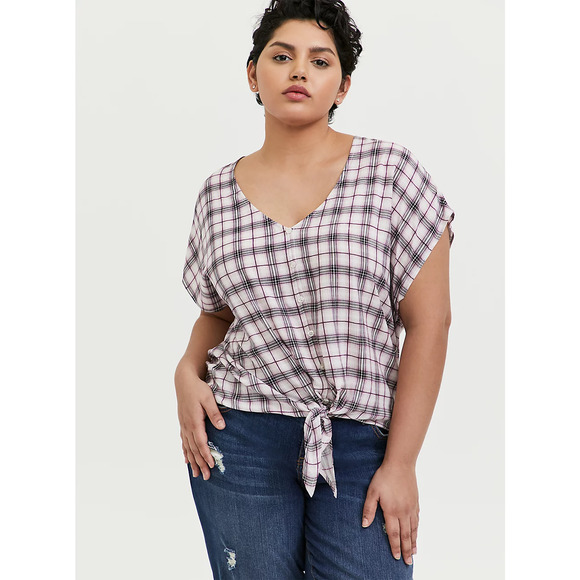 Torrid Womens Blouse 0 L 12 Berry Purple & Ivory Plaid Tie Front Midi Dolman NEW - Picture 1 of 7